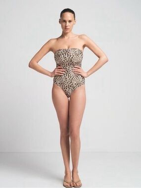 SKIMS Leopard Print Strapless One-Piece Swimsuit in Beige and Black